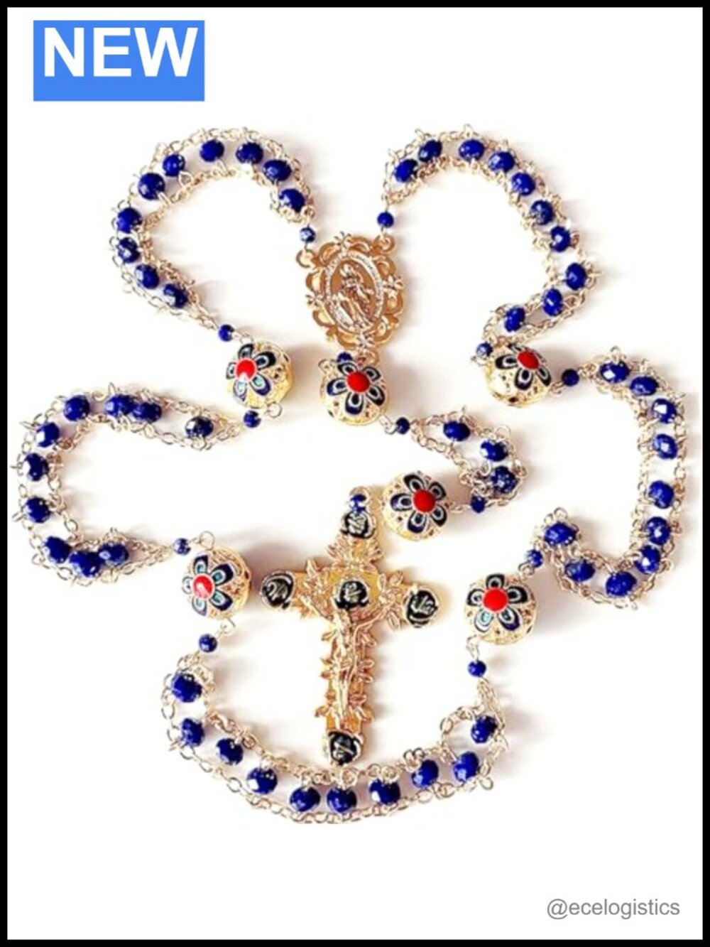 Handmade Lapis Lazuli Enamel Bead Rosary Necklace Gold Ladder to Heaven